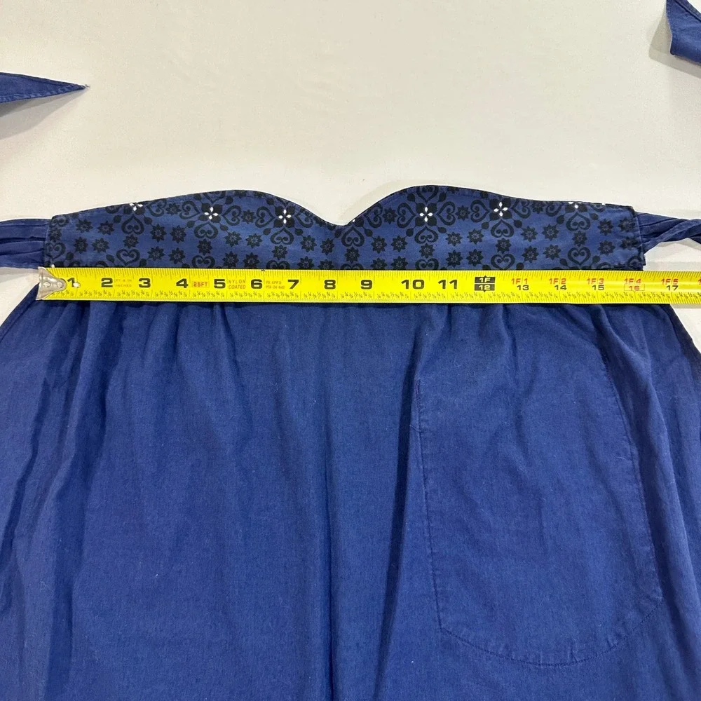 Vintage Navy Blue Scalloped Half Apron Heart Print Pocket Cotton One Size